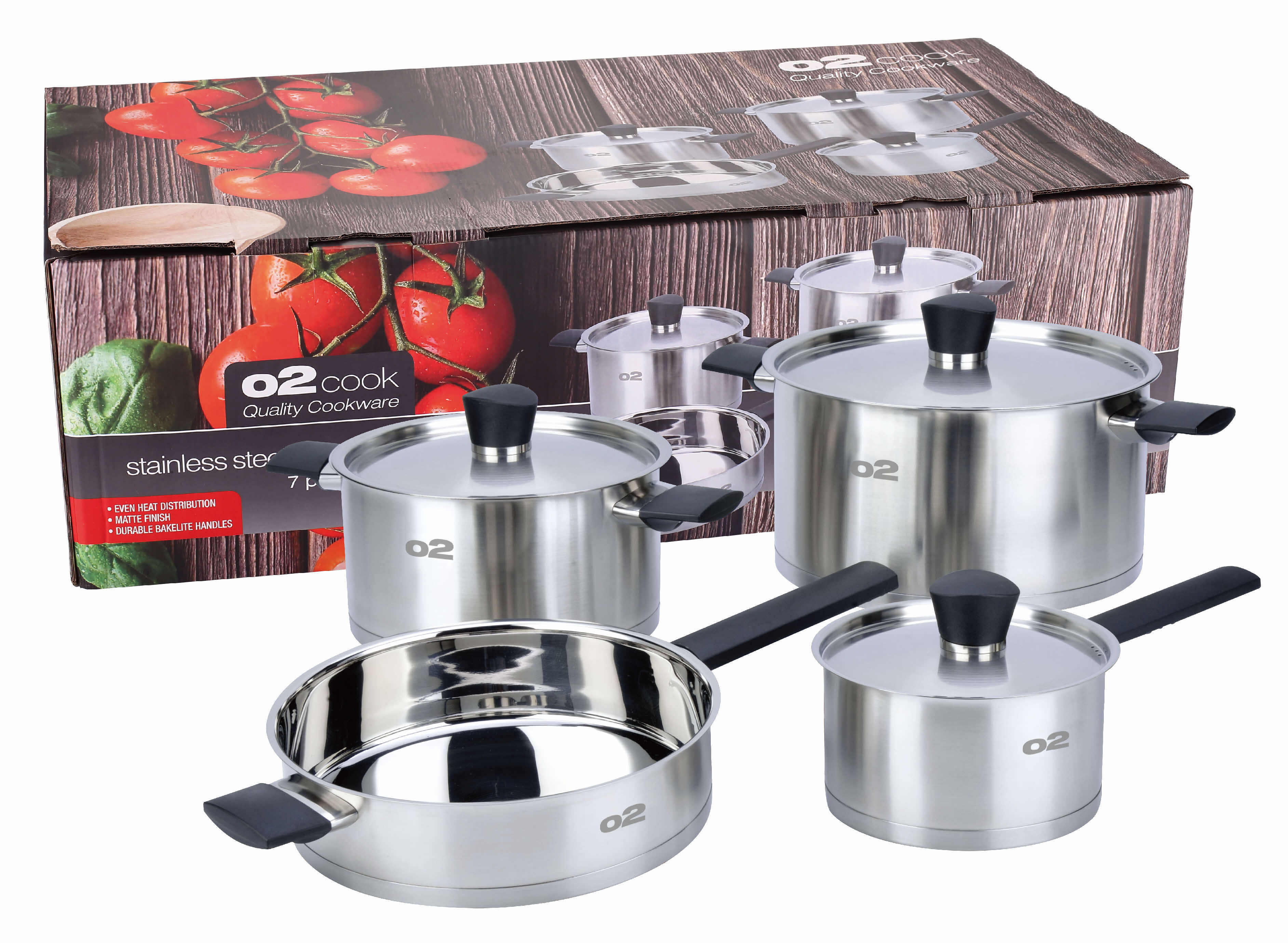 O2 Cook Onyx Stainless Steel 7 Piece Cookware Set - Avo